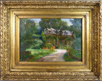 an oil painting of a house in a garden with a path