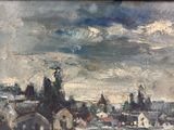 tableau représentant une vue d'une ville avec une église et un clocher
