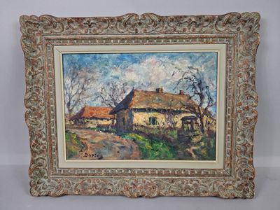 an oil painting of a house with a thatched roof in a frame