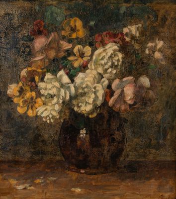 une peinture de fleurs dans un vase sur une table