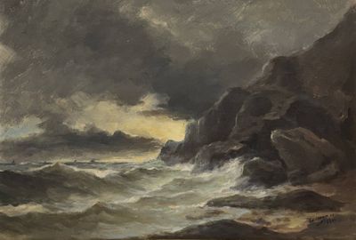 une image représentant une peinture d'une côte rocheuse avec un bateau dans l'eau