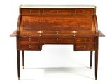 an antique writing desk with two drawers and a marble top