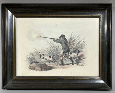 painting of a man with a gun in his hand and a dog in the background