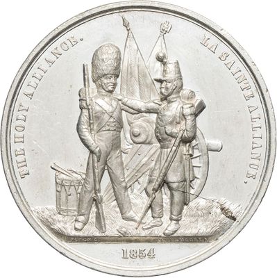 an image of a silver coin with two soldiers on it