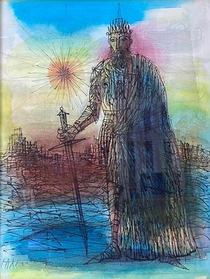 drawing of a man in a crown holding a cross and standing in the water