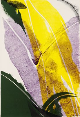 painting of a yellow banana on a purple and green background
