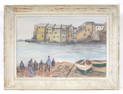a painting of a group of people on the beach by the water