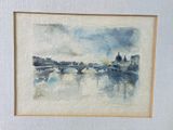 watercolor painting of a bridge over a river with a building in the background