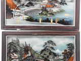 pair of asian paintings of a bridge over a river and a pagoda