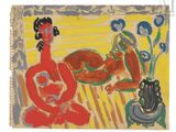 une peinture représentant une femme assise sur une chaise à côté d'un vase de fleurs