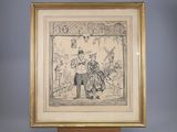 dessin représentant un homme et une femme à cheval dans un jardin