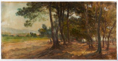 an oil painting of a dirt road with trees in the foreground