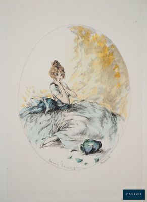 painting of a woman sitting on top of a horse in front of a full moon