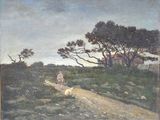 un tableau représentant une femme promenant son chien sur un chemin de terre