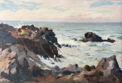 a painting of a rocky coast with a lighthouse in the distance