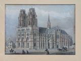 a painting of a large building with a clock on it