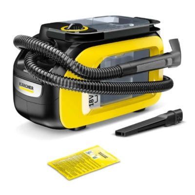 un nettoyeur à vapeur jaune et noir, avec un tuyau noir à côté