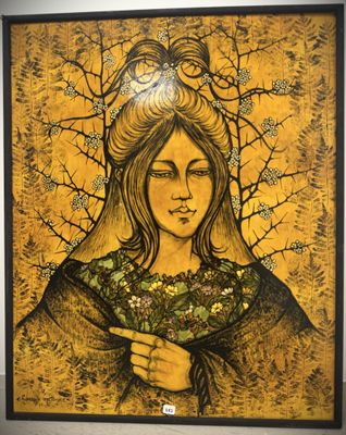 a painting of a woman holding a bouquet of flowers in her hand