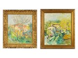 deux tableaux représentant une maison et une rivière, dans un cadre doré