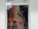 a close up of a card in a plastic holder on a white surface
