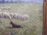 a painting of a dog laying in a field with a herd of sheep