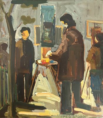 an oil painting of people standing in a room with paintings on the wall
