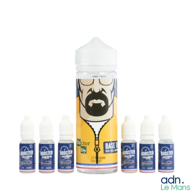 une bouteille de liquide avec une barbe et cinq bouteilles de liquide