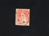 the stamp is red and black with a picture of a man on it