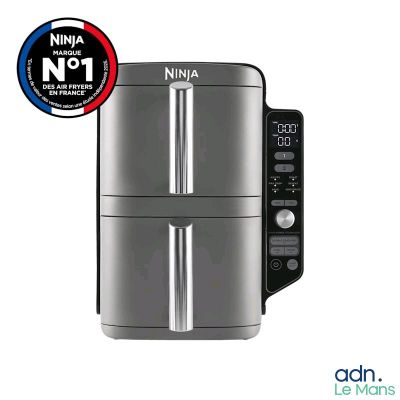 a silver and black ninja air fryer on a white background