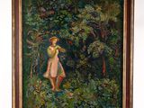 an oil painting of a woman standing in the woods