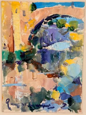 a painting of a painting of a bridge over a body of water