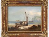 an oil painting of a boat on the beach with people near it