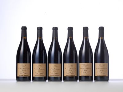 six bottles of red wine lined up in a row