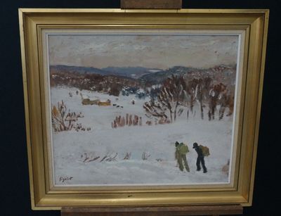 a painting of two people walking in the snow