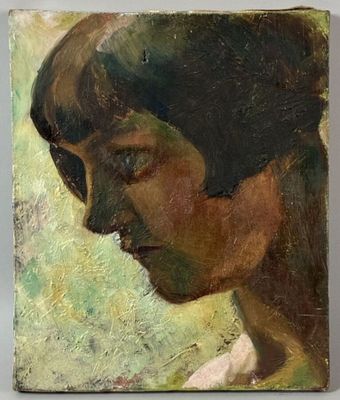 an oil painting of a woman ' s face with a green background