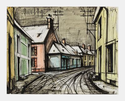 drawing of a street scene with buildings and a train on the tracks