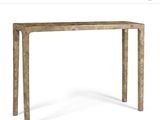 a wooden console table with a marble top and legs