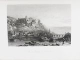 dessin représentant un château situé sur une colline surplombant une rivière