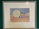 framed picture of a painting of a beach scene with a white umbrella