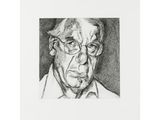 a drawing of an older man with glasses and a white shirt