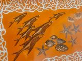 painting of a group of fish and shells on an orange background