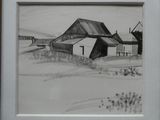 dessin représentant une grange dans un champ, avec une clôture et une autre grange en arrière-plan