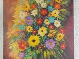 an oil painting of a vase of flowers on a wall