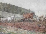 a painting of a man plowing a field with two horses