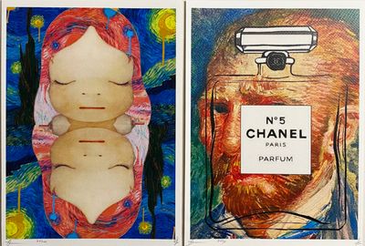 deux tableaux représentant un homme barbu et une femme tenant un flacon de parfum Chanel