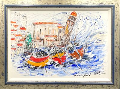 une image d'un tableau représentant un bateau dans l'eau