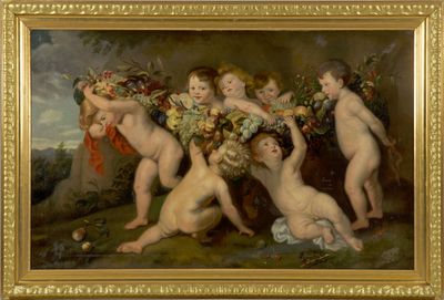 a painting of a group of nudes with flowers in a basket