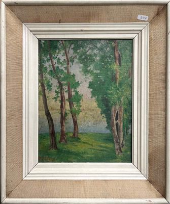 F. Hébert. Sous-bois. Huile sur panneau, signée en bas à gau…