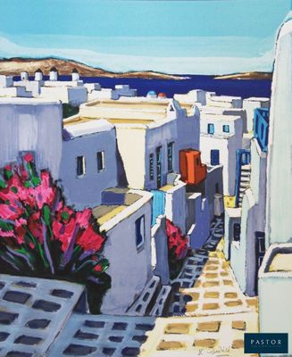 une peinture représentant une vue d'une ville depuis une colline