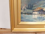 a picture of a painting of a house by the water